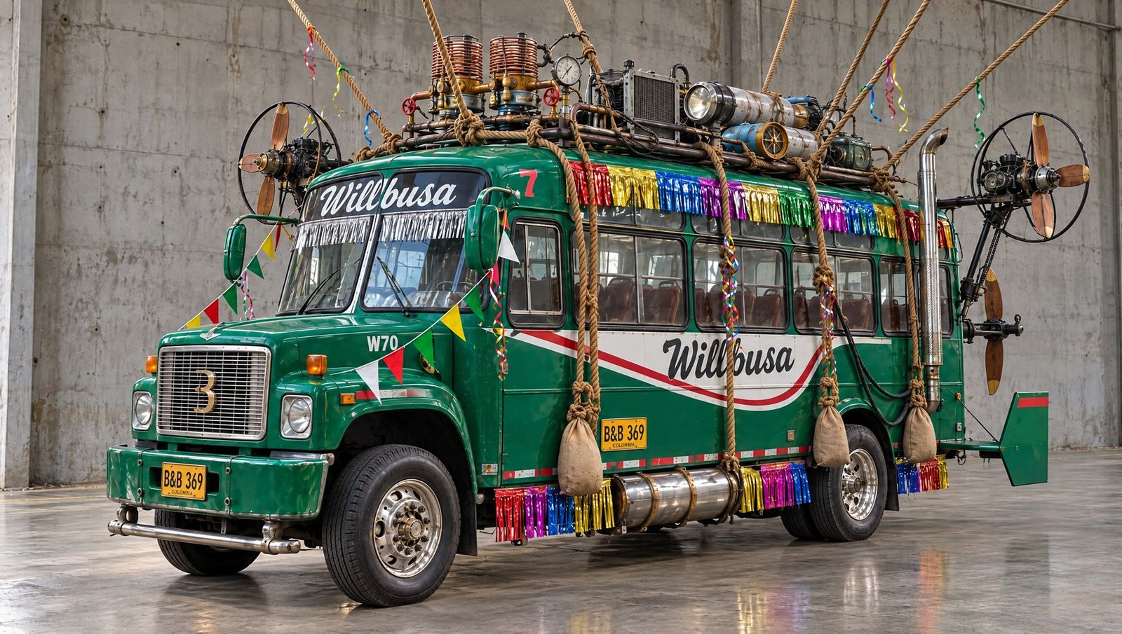 El Willbusa, buseta verde convertida en máquina voladora